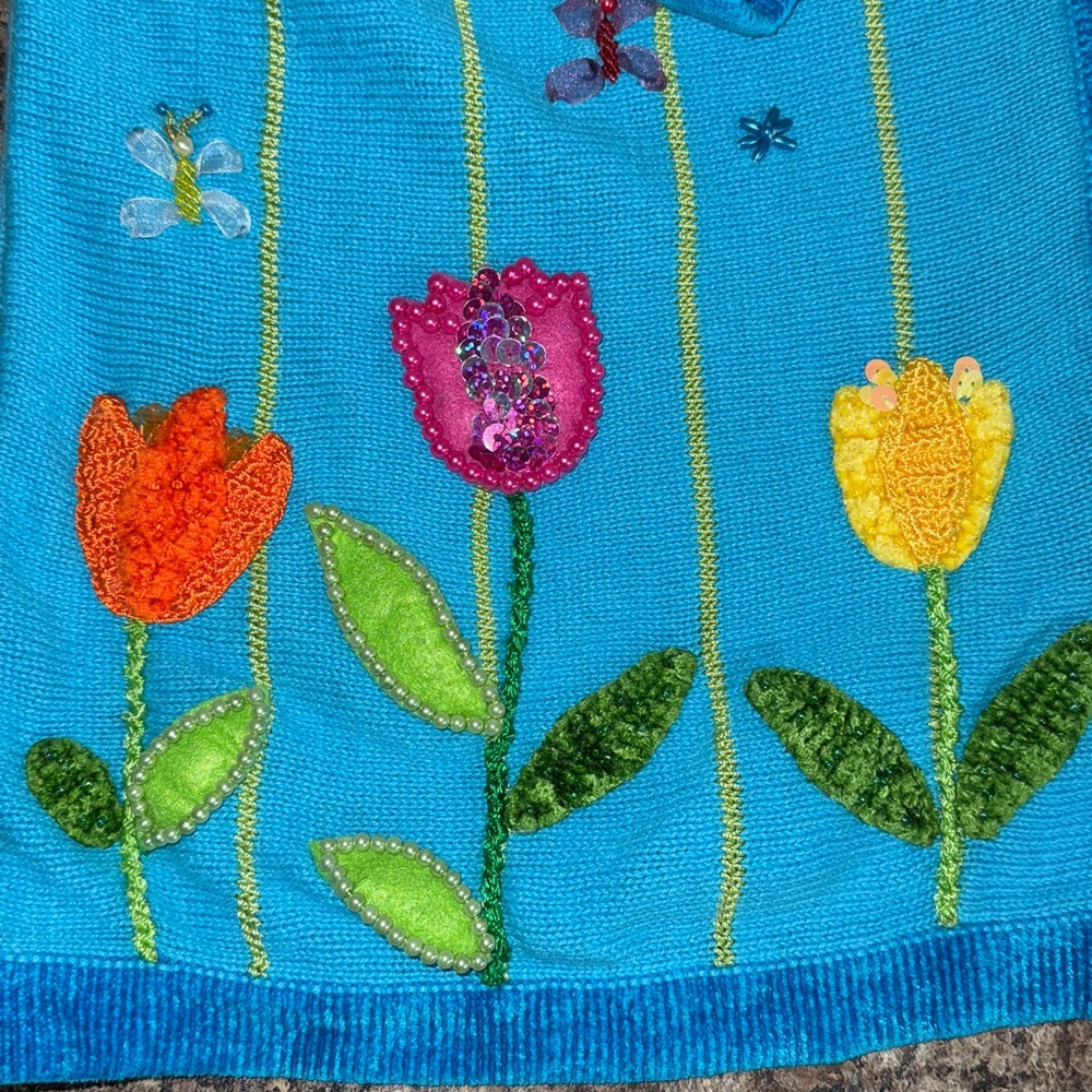Vintage The Quaker Factory Blue Hand Embroidered Beaded Flowers Bunny Cardigan L - Picture 8 of 16